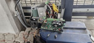 Blown components on a Nice Drive 600 gate motor PCB after power surge damage in Paarl